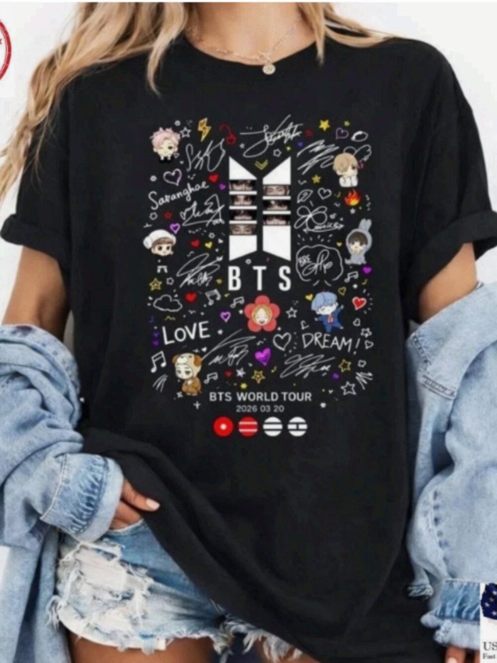 BTS World Tour 2025 Chibi Members Signatures Black T-Shirt